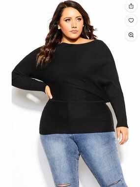 City Chic Black Ribbed Boatneck Knit off Shoulder Top Sz 18